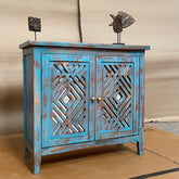 Handcrafted Indian Furniture Carved Solid Hard Wood 2 Mirror Doors Cabinet Blue